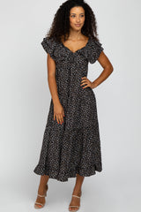 Black Floral Knot Front Ruffle Tiered Maternity Maxi Dress