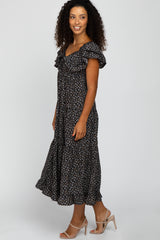 Black Floral Knot Front Ruffle Tiered Maxi Dress