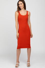 Rust Sleeveless Fitted Ribbed Dress