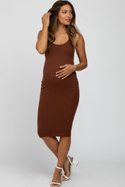 Brown Sleeveless Fitted Ribbed Maternity Dress