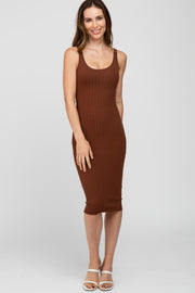 Brown Sleeveless Fitted Ribbed Dress