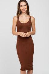 Brown Sleeveless Fitted Ribbed Dress