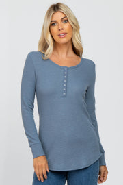 Blue Waffle Knit Front Snap Button Top