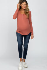 Rust Waffle Knit Front Snap Button Maternity Top