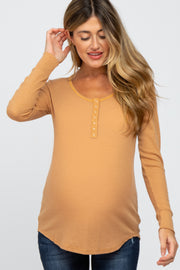 Gold Waffle Knit Front Snap Button Maternity Top