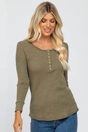 Olive Waffle Knit Front Snap Button Top