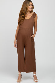 Brown Textured Knit Bow Accent Maternity Jumpsuit