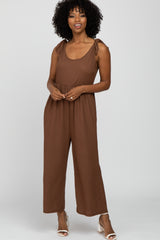 Brown Textured Knit Bow Accent Maternity Jumpsuit