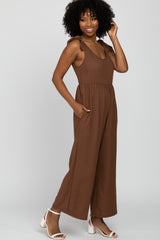 Brown Textured Knit Bow Accent Jumpsuit