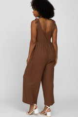 Brown Textured Knit Bow Accent Jumpsuit