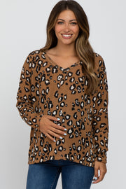 Camel Leopard Print Knit Long Sleeve Maternity Top