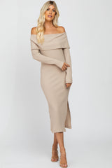 Taupe Ribbed Foldover Off Shoulder Fitted Midi Dress