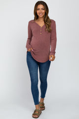 Burgundy Soft Button Front Round Hem Maternity Top