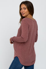 Burgundy Soft Button Front Round Hem Maternity Top