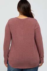 Burgundy Soft Button Front Round Hem Plus Top