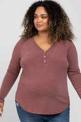 Burgundy Soft Button Front Round Hem Maternity Plus Top