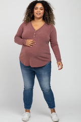 Burgundy Soft Button Front Round Hem Maternity Plus Top