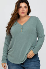 Light Olive Soft Button Front Round Hem Plus Top