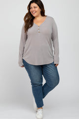 Taupe Soft Button Front Round Hem Plus Top