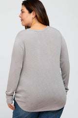 Taupe Soft Button Front Round Hem Plus Top