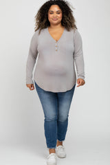 Taupe Soft Button Front Round Hem Maternity Plus Top