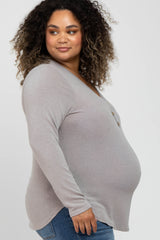 Taupe Soft Button Front Round Hem Maternity Plus Top