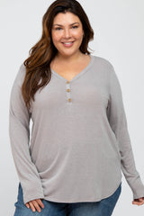 Taupe Soft Button Front Round Hem Plus Top