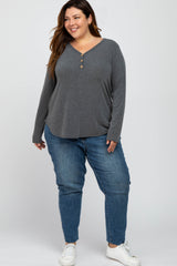 Charcoal Soft Button Front Round Hem Plus Top