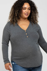 Charcoal Soft Button Front Round Hem Maternity Plus Top