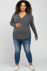 Charcoal Soft Button Front Round Hem Maternity Plus Top