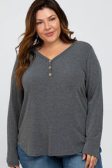 Charcoal Soft Button Front Round Hem Maternity Plus Top