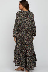 Black Floral Button Front Maternity Maxi Dress