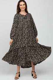 Black Floral Button Front Maxi Dress