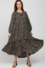 Black Floral Button Front Maternity Maxi Dress