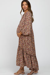 Mocha Floral Button Front Maternity Maxi Dress