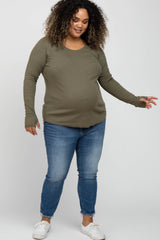 Olive Ribbed Knit Long Sleeve Plus Maternity Top