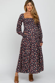 Navy Floral Long Sleeve Smocked Maternity Maxi Dress