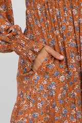 Rust Floral Long Sleeve Smocked Maxi Dress