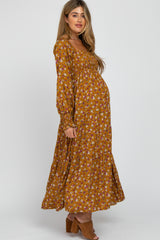 Mustard Floral Long Sleeve Smocked Maternity Maxi Dress