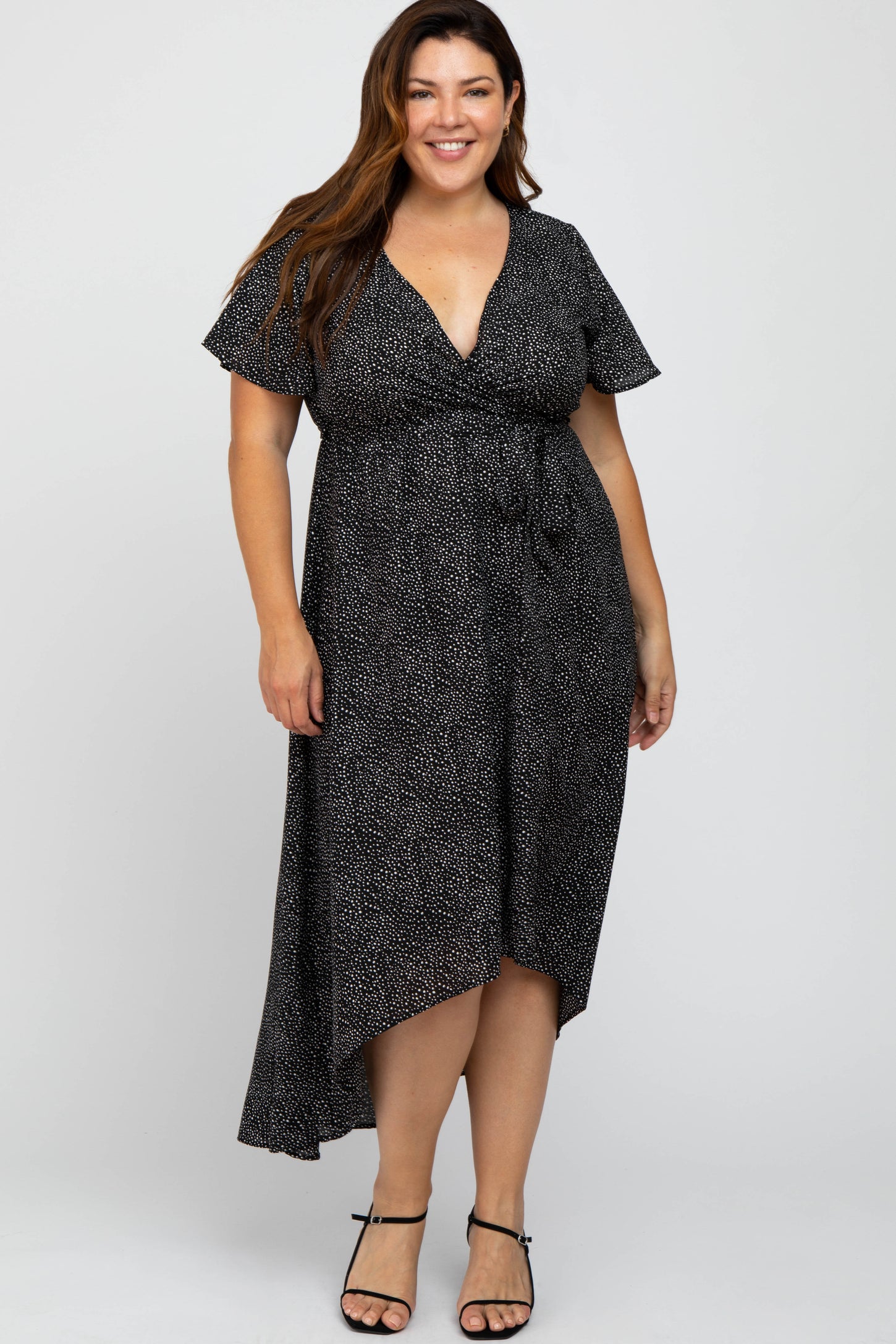 Black Dot Print Plus Hi-Lo Wrap Dress – PinkBlush