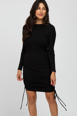 Black Ribbed Ruched Side Tie Maternity Fitted Dress