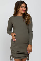 Olive Ribbed Ruched Side Tie Maternity Fitted Dress