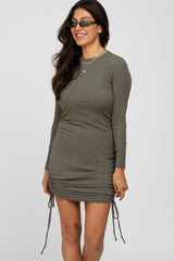 Olive Ribbed Ruched Side Tie Maternity Fitted Dress