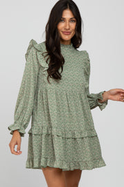 Mint Green Floral High Neck Ruffle Accent Dress