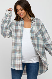 Blue Plaid Button Up Collared Flannel Maternity Top