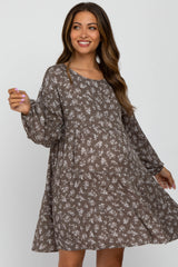 Mocha Floral Long Sleeve Babydoll Maternity Dress