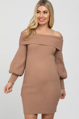 Taupe Off Shoulder Bubble Sleeve Maternity Sweater Dress