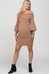 Taupe Off Shoulder Bubble Sleeve Maternity Sweater Dress