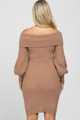 Taupe Off Shoulder Bubble Sleeve Maternity Sweater Dress