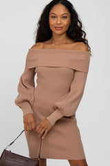 Taupe Off Shoulder Bubble Sleeve Sweater Dress